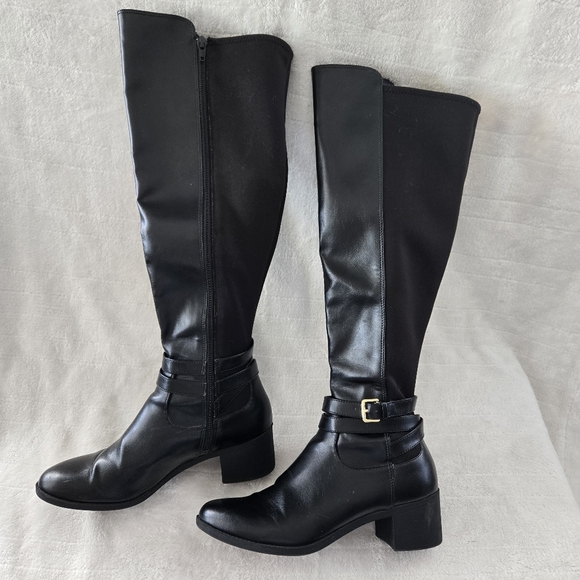 FIONI Clothing Shoes - Fioni‎ Women's Knee High Boots Sz 8.5 Black Buckle Embellished Block Heel VGC